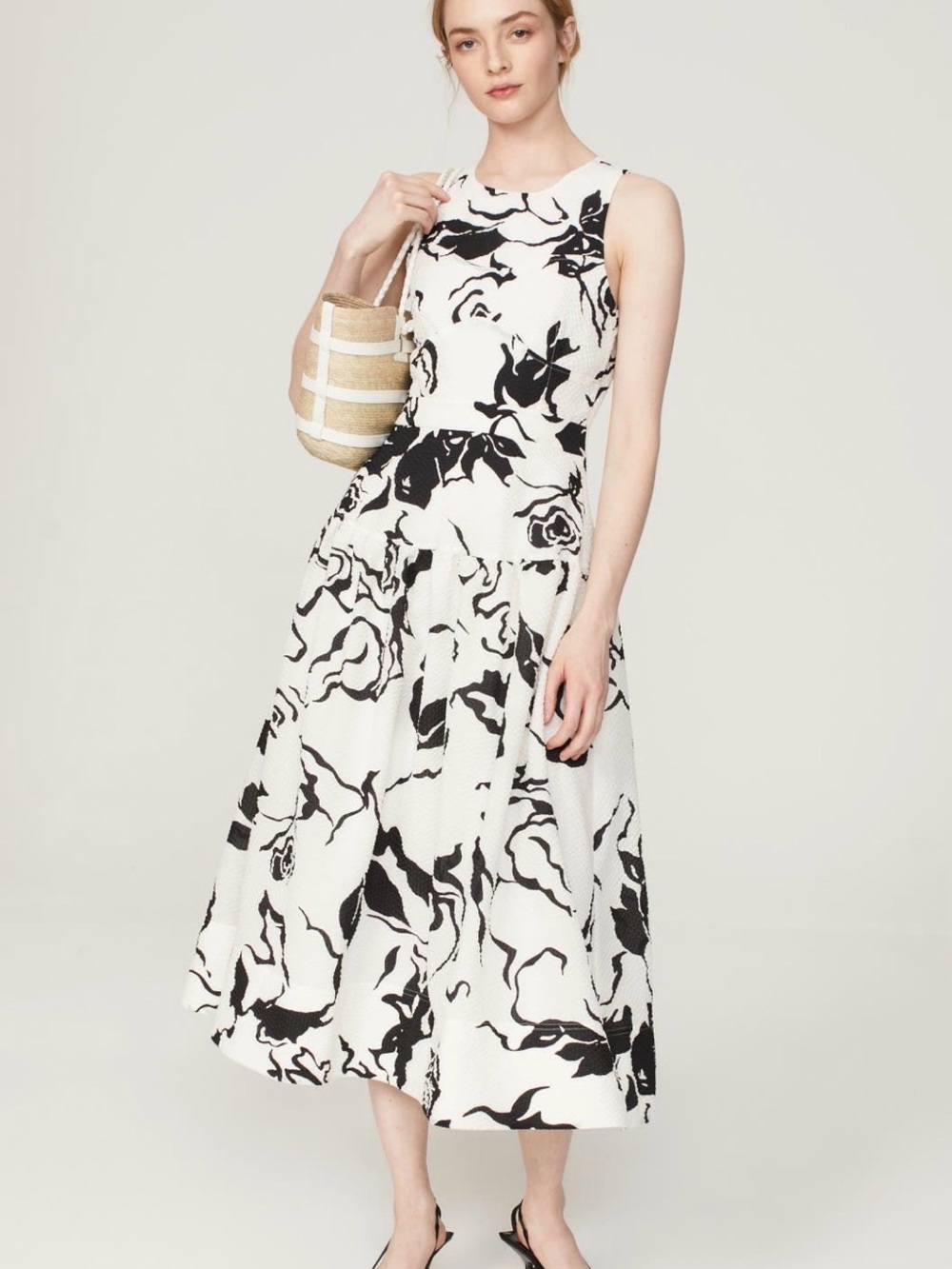 Tanya Taylor Black & White Floral Midi Dress
